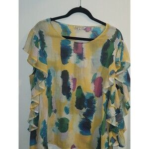 Zac & Rachel Woman 1X Colorful Watercolor Dolman Ruffle Sleeve‎ Blouse Top